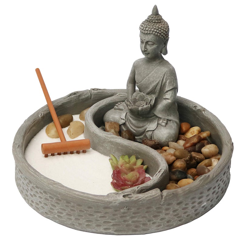 Nature's Mark Mini Zen Garden Kit for Desk with Lotus, Buddha Figures, Rake and Natural Sand River Rocks Table/Desk DÃ©cor Gift Set for Home and Office 6 x 6 Inches Round Base - Image 1